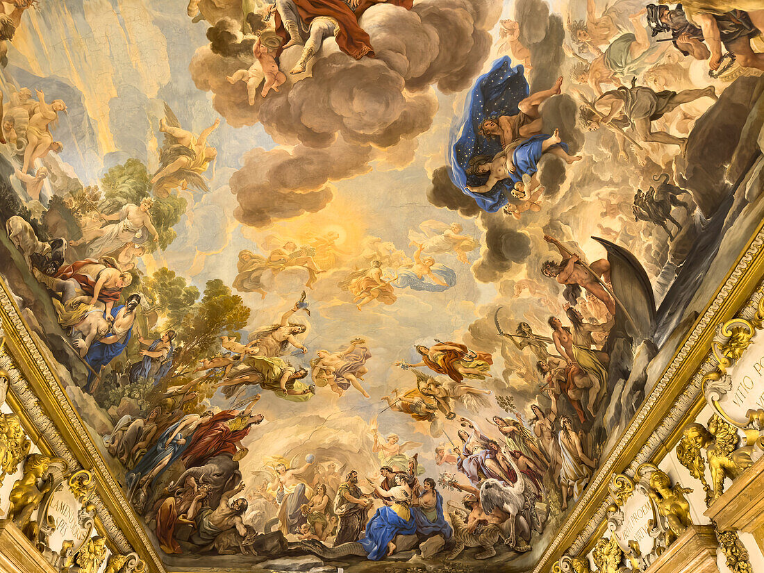 Barocke Gemälde an der Decke der Spiegelgalerie im Palazzo Medici Riccardi, Florenz, Italien. Gemalt in den 1680er Jahren von Luca Giordano.