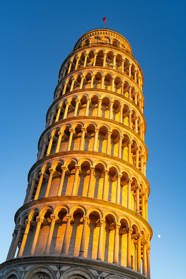 Moon rising by the Leaning Tower of Pisa, the campanile or bell tower of the Duomo or Cathedral of Pisa. Pisa, Italy.