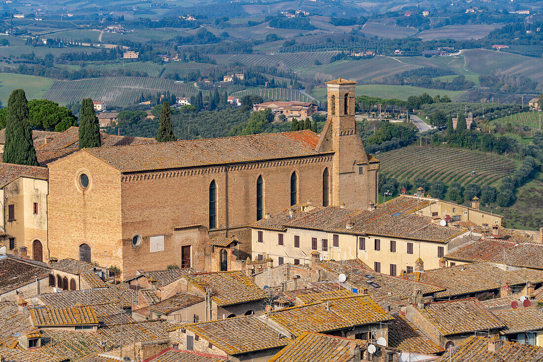 The exterior of the Church of Sant' Agostino in Piazza San Agostino. San Gimignano, Italy.