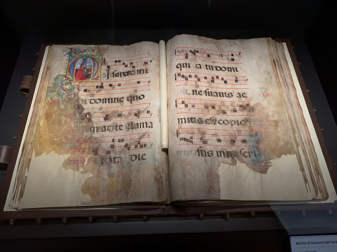 Chorbuch mit Illuminationen in der Capella Musicale oder Musikkapelle im Dommuseum in Florenz, Italien. ca. 1508-1526 n. Chr.