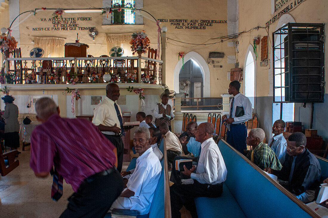 Inside Église Baptiste Tabernacle church local houses in the historic colonial old town, Jacmel city center, Haiti, West Indies, Caribbean, Central America