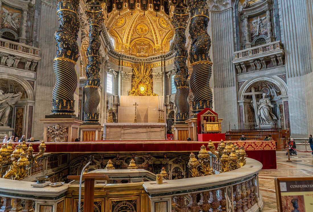 The Confessio in front of Bernini's Baldachin in St. Peter's Basilica, Vatican City, Rome, Italy.