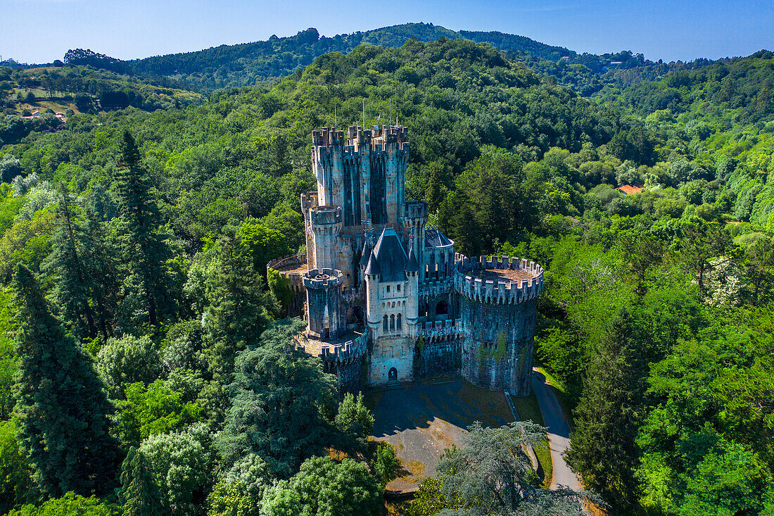 Aerial view, Butrón castle, Gatika, Biscay, Basque Country, medieval building, battlements, Euskadi, Spain.