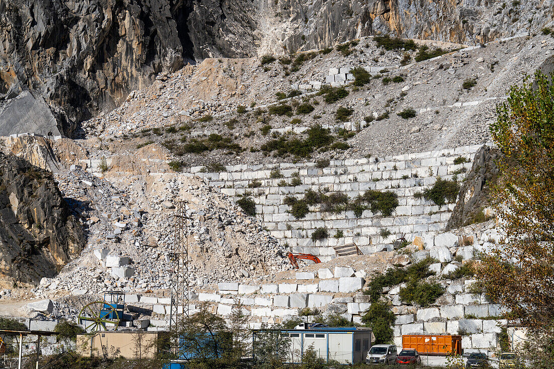 Marble blocks used to stabilize the mountainside for the road to the quarries. Fantiscritti, Carrara, Italy.