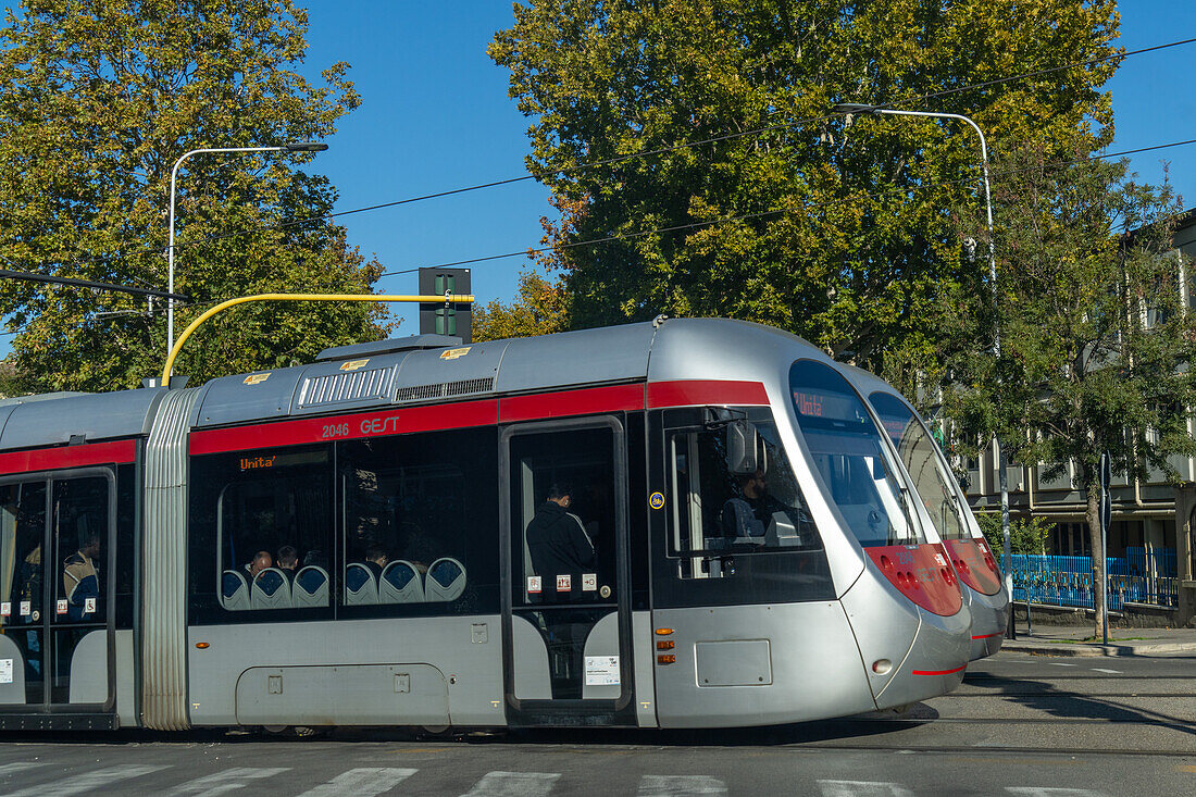 A modern electric tram is economical transportation in Florence, Italy.