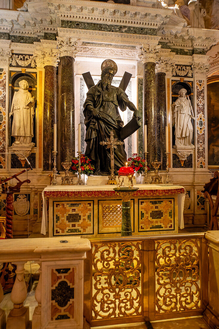 The ornate tomb of Saint Andrew in the crypt below the Amalfi Duomo or Cathedral, Amalfi, Italy.