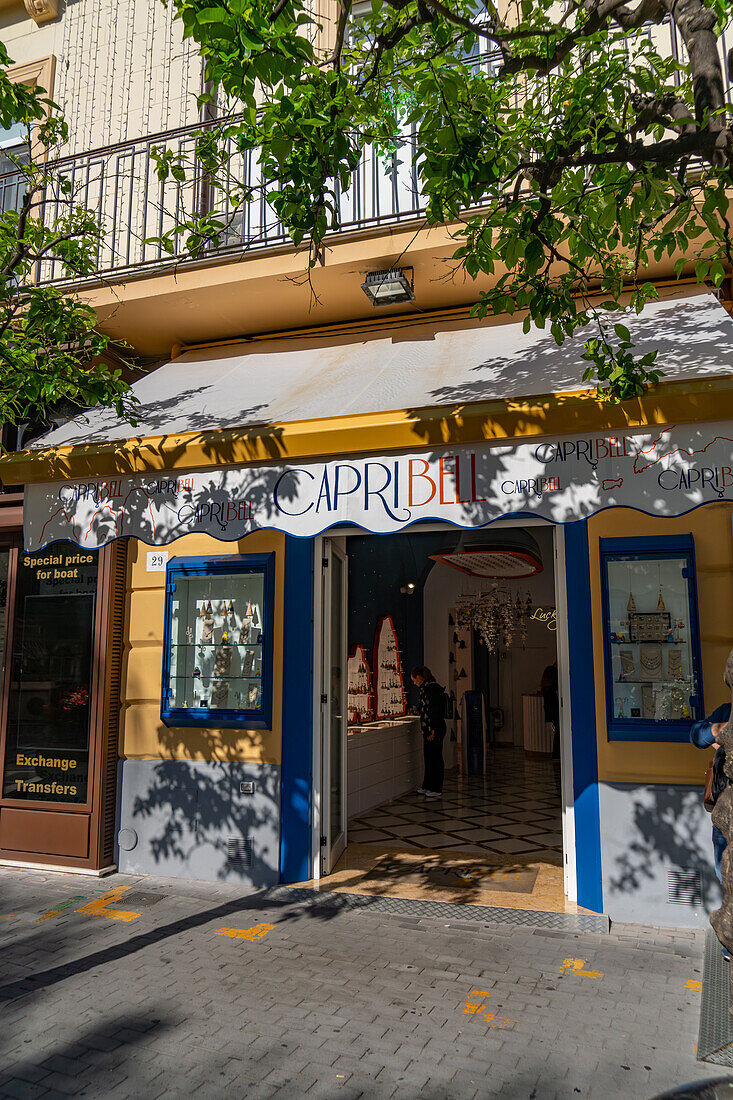 A shop selling Capri bells on the Piazza Tasso in the historic center of Sorrento, Italy.