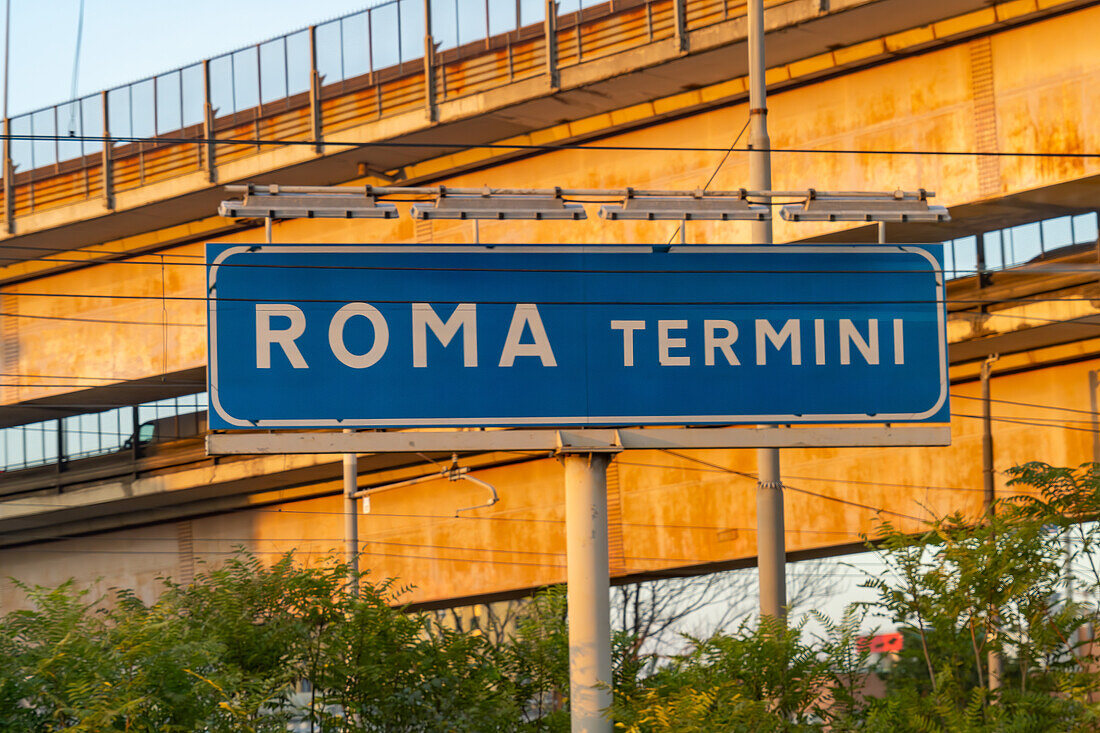 A railway sign for the Roma Termini railroad terminal, the main railway station in Rome, Italy.