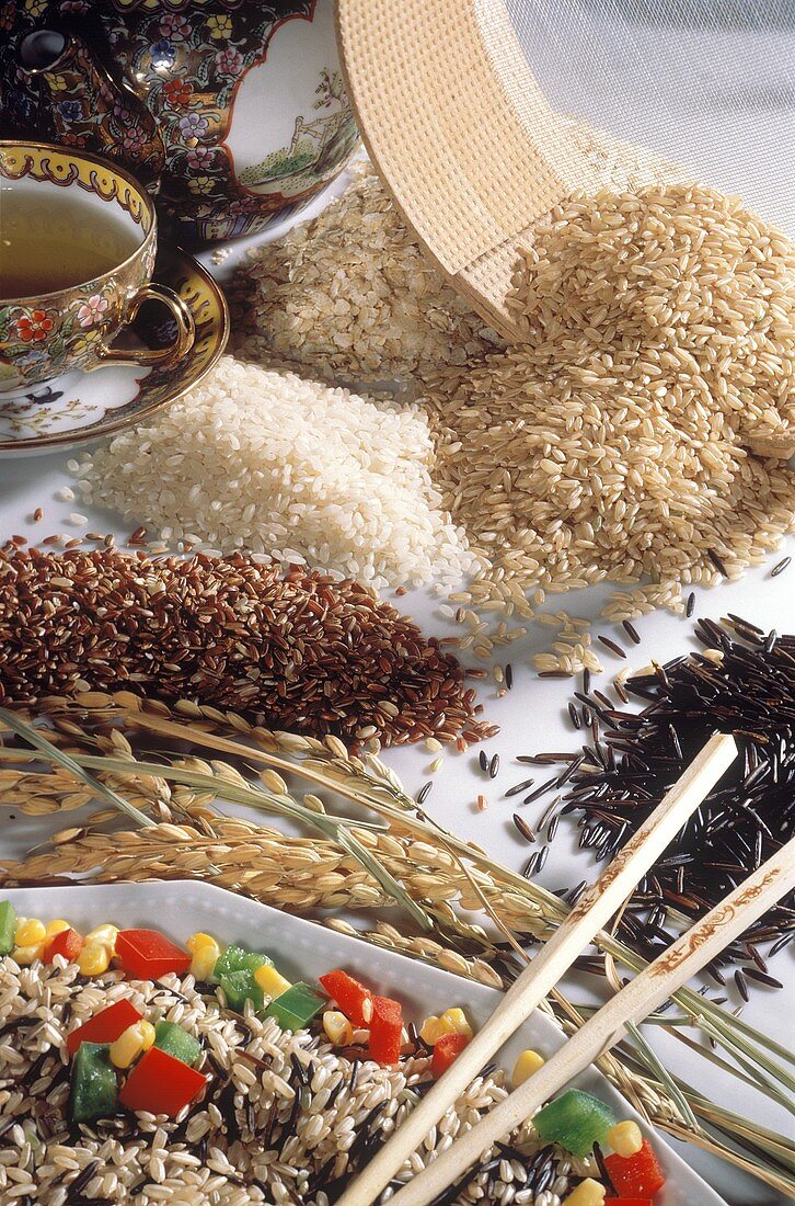 Rice still life with ingredients for Asian rice dishes