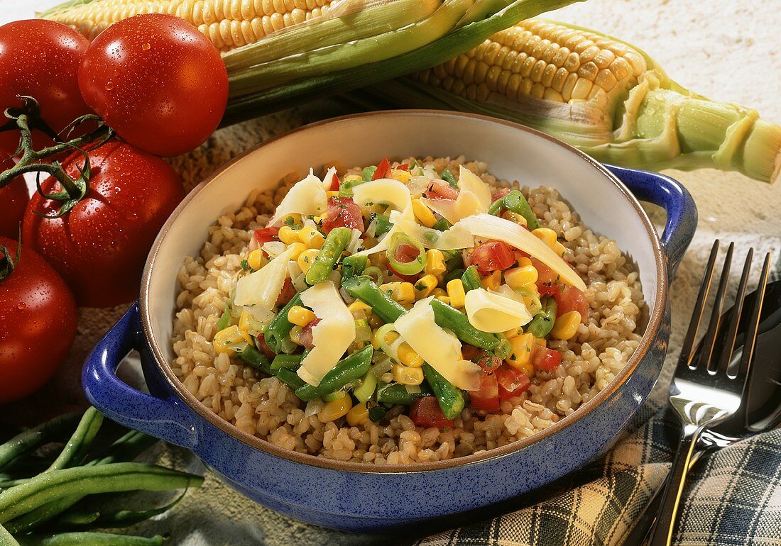 Rice with bean, sweetcorn and tomatoes in pot