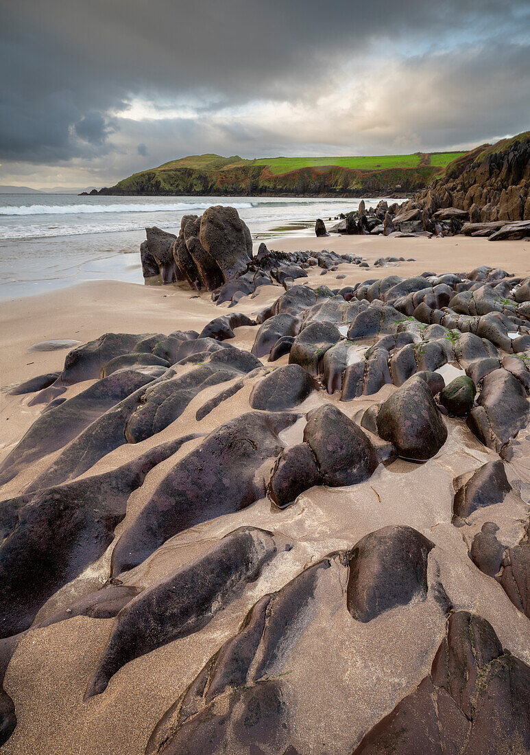 Felsformationen am Strand der Doonshean Bay, Dingle-Halbinsel, County Kerry, Munster, Republik Irland