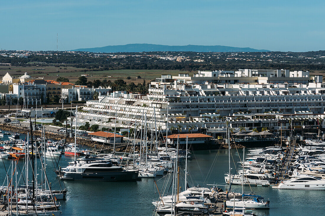 Aerial drone view of Vilamoura Marina in Vilamoura, Algarve, Portugal