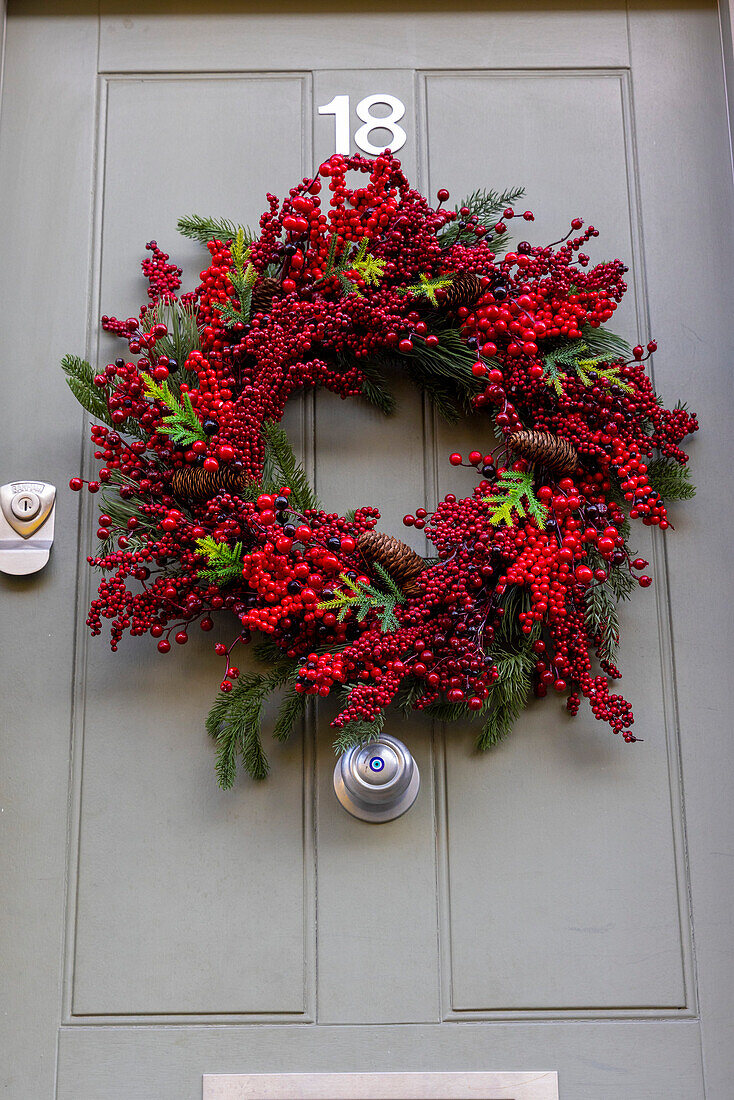 Christmas Wreath on Front Door, London, England, United Kingdom