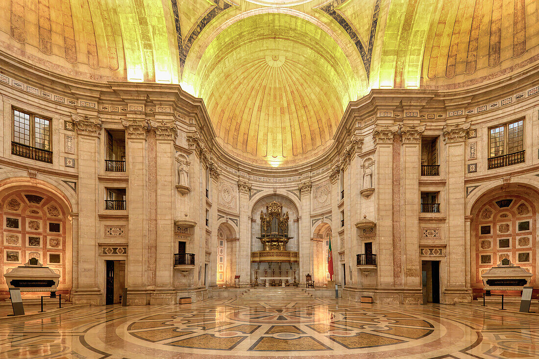 Church of Santa Engracia converted into National Pantheon, Central crossing and nave polychromed marble patterns and pipe organ, Lisbon, Portugal