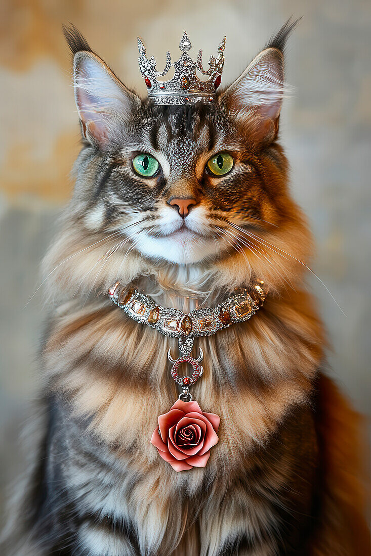 AI generated image of Maine coon cat dressed in medieval attire with jewels, crown and a red devil rose around the neck