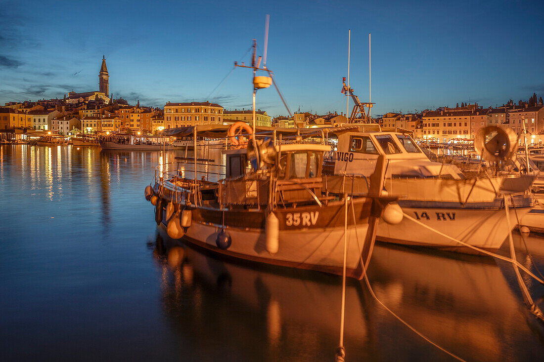 View over the harbour to the old town with Cathedral of St. Euphemia, Rovinj, Istria, Croatia