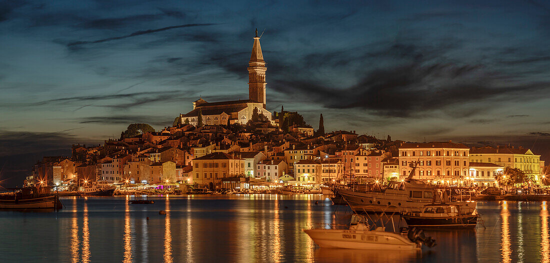 View over the harbour to the old town with Cathedral of St. Euphemia, Rovinj, Istria, Croatia