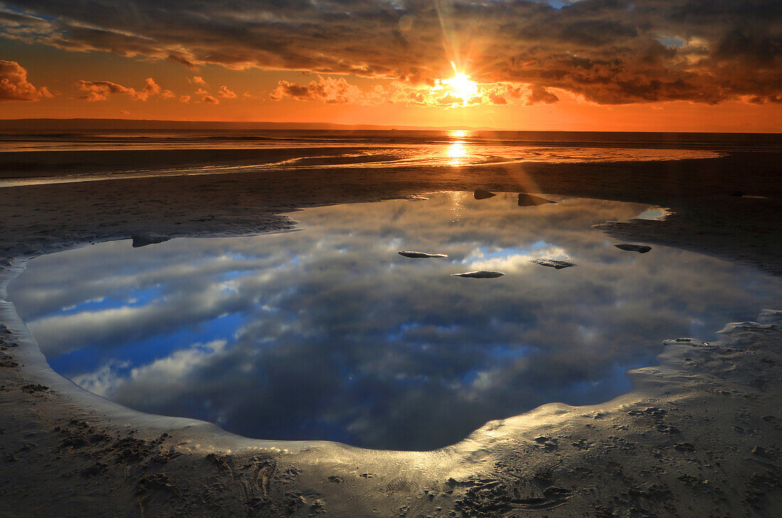 Sunset over The Bristol Channel from Dunraven Bay, Southerndown, Vale of Glamorgan, Wales, United Kingdom