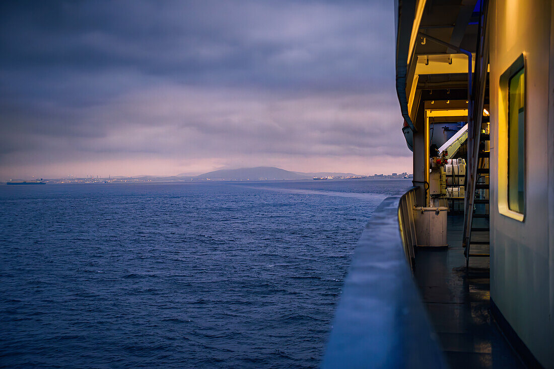 Sunrise view from a ferry crossing the Strait of Gibraltar from Spain to Morocco