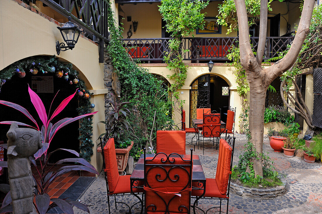 Patio of Villa Castel guesthouse, Ile de Goree (Goree Island), UNESCO, Dakar, Senegal, West Africa