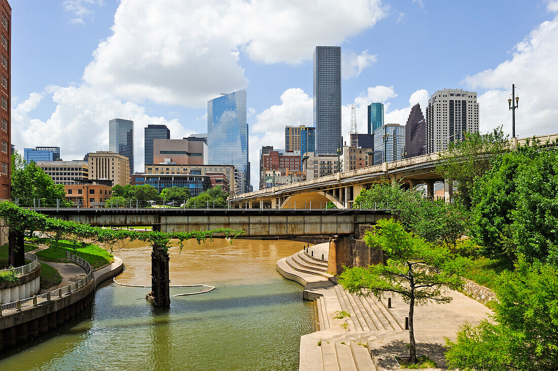 Zusammenfluss von White Oak und Buffalo Bayou, Downtown Houston, Texas, Vereinigte Staaten von Amerika