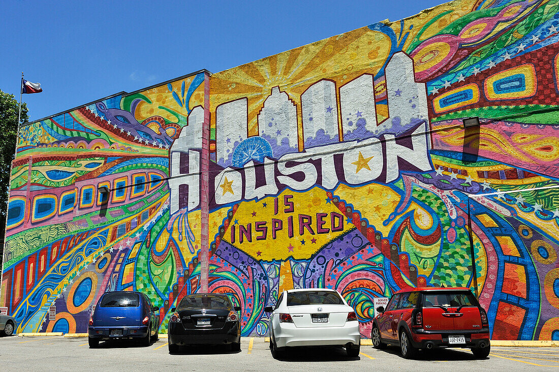 Wandgemälde Houston Is Inspired des Künstlers Gonzo, Innenstadt von Houston, Texas, Vereinigte Staaten von Amerika