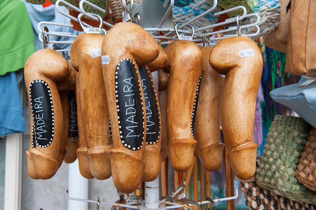 Gift shop selling wooden dildo-shaped objects, Funchal, Madeira island, Atlantic Ocean, Portugal