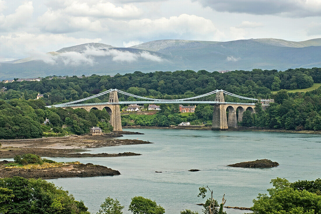 Thomas Telford's Menai Suspension Bridge crossing the Strait, Anglesey island, Wales, United Kingdom