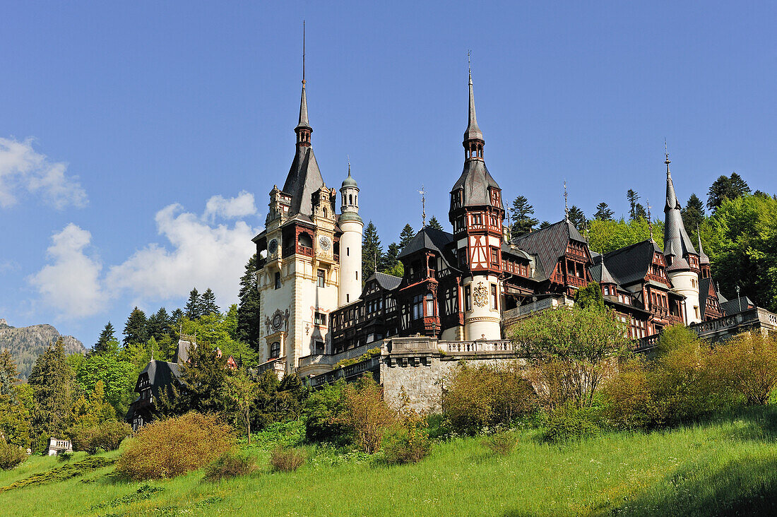 Peles Castle in the Carpathian Mountains near the mountain resort of Sinaia, Wallachia region, Romania