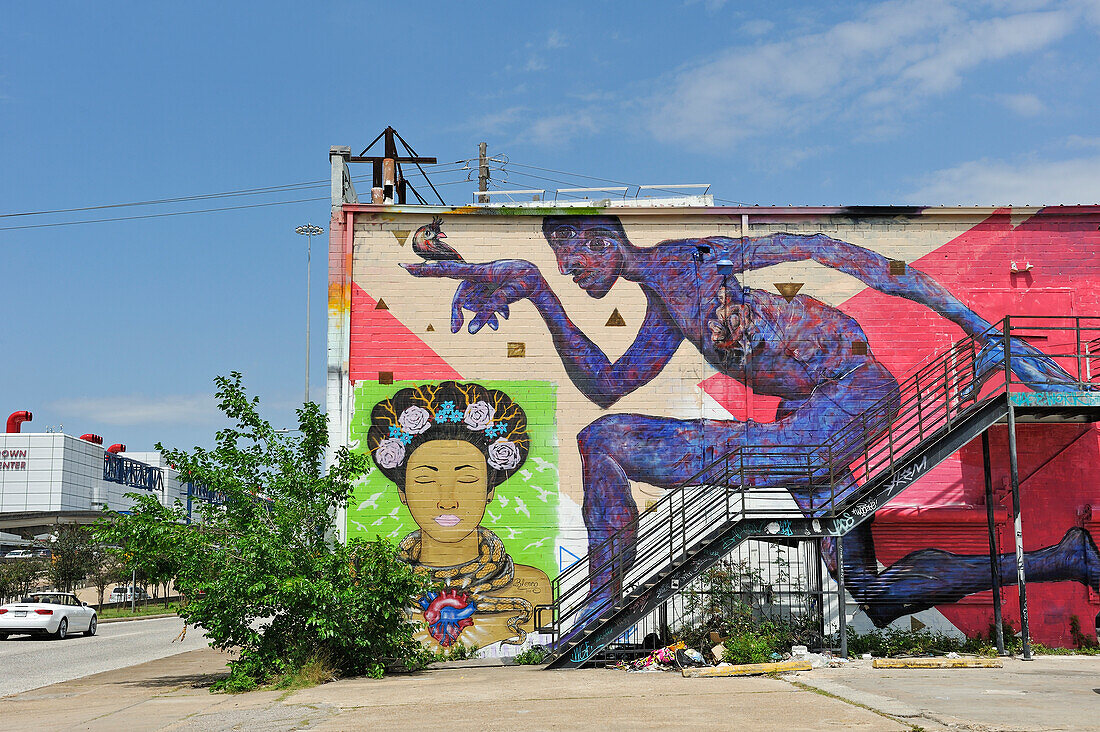 Wandgemälde von Blanco, Graffiti Park, East Downtown Houston, Texas, Vereinigte Staaten von Amerika