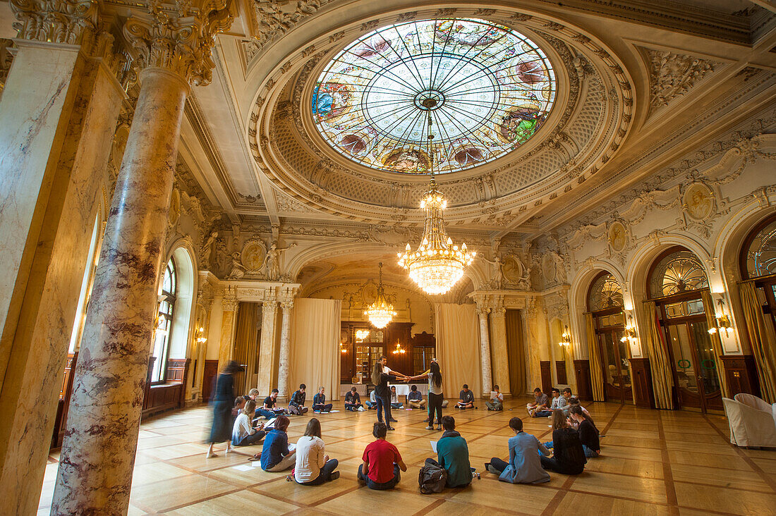 Drawing class under the glass dome of the Sandoz room, Beau-Rivage Palace, Lausanne, Canton of Vaud, Switzerland