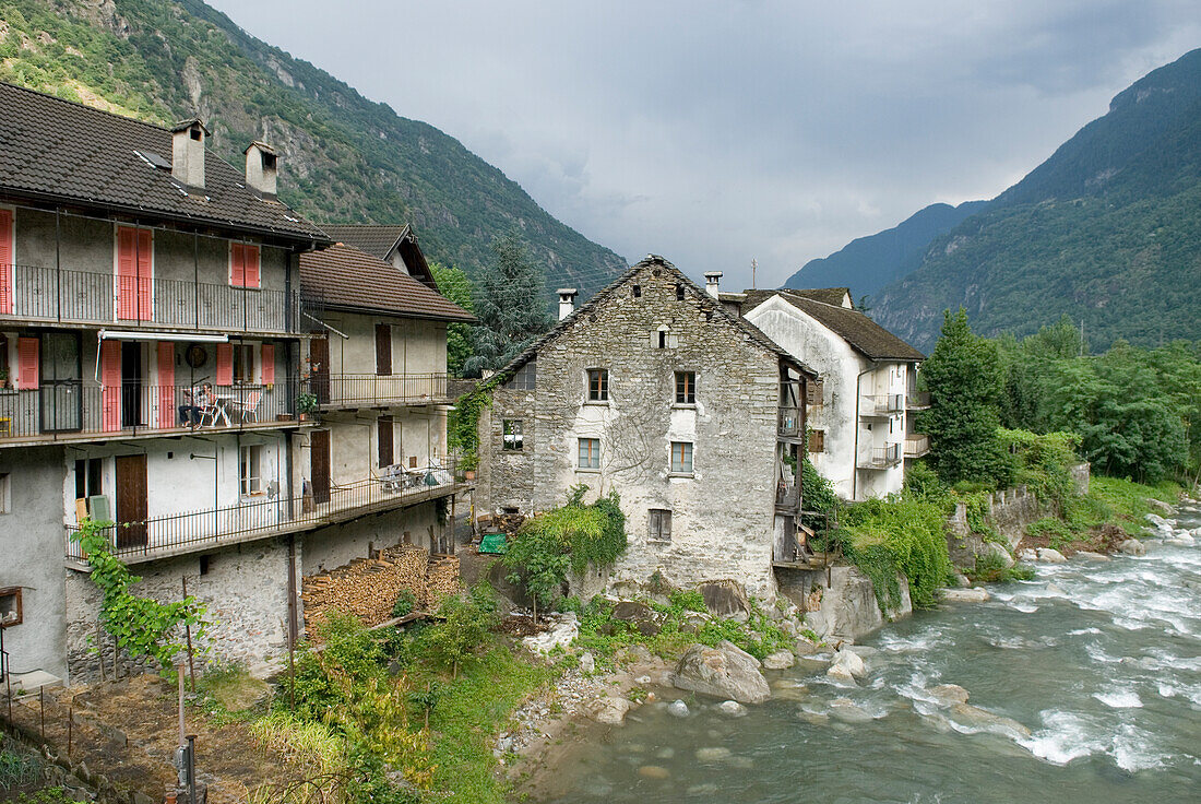 Giornico village on the Ticino River, Canton Ticino, Switzerland