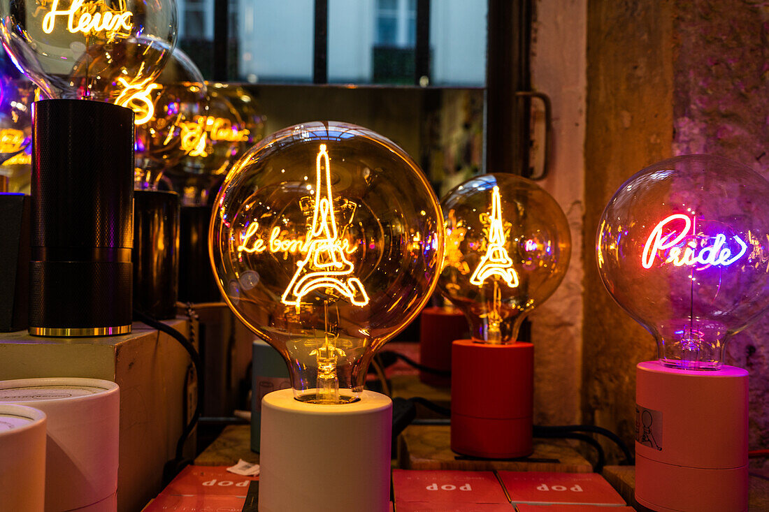 Light bulbs with Eiffel Tower, Paris, France