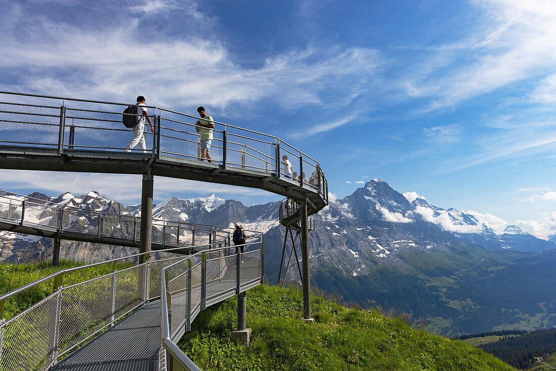 People on First Cliff Walk with Eiger mountain in the background, First, Jungfrau Region, Bernese Oberland, Switzerland