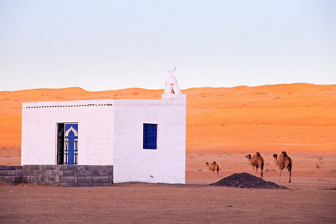 Moschee am Rande eines Weges in Sharqiya Sands, früher bekannt als Wahiba Sands, Wüstenregion im Sultanat Oman, Arabische Halbinsel