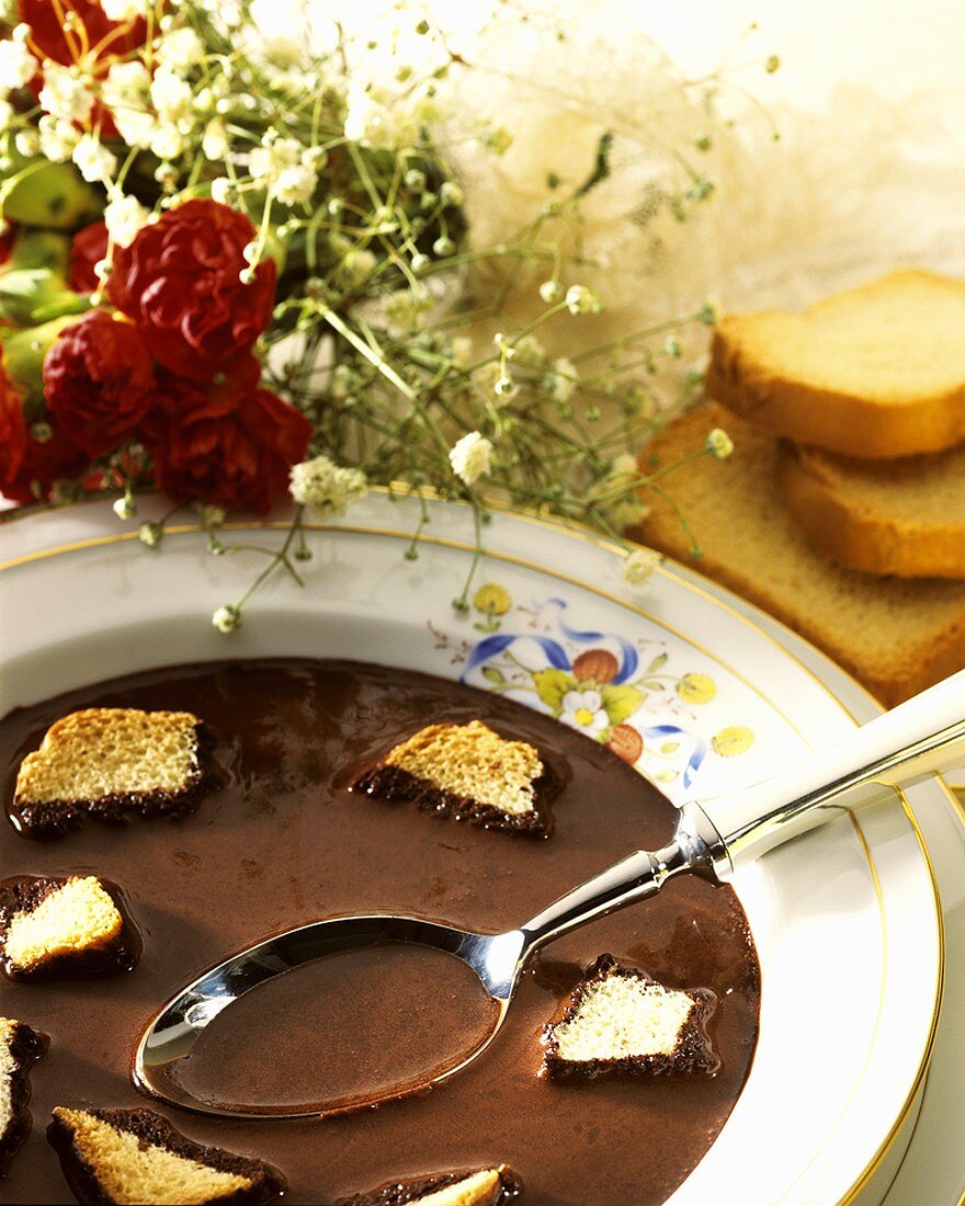 Chocolate soup with pieces of zwieback (rusk)