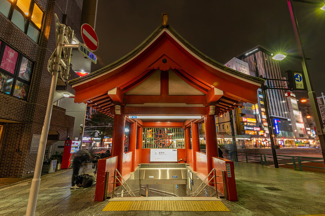 View of subway entrance in Asakusa at night, Asakusa, Taito City, Tokyo, Honshu, Japan