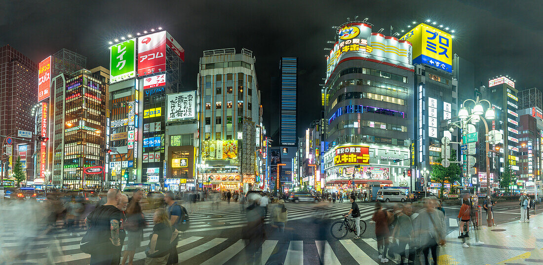 View of Kabukicho neon lit street and crossings at night, Shinjuku City, Kabukicho, Tokyo, Honshu, Japan