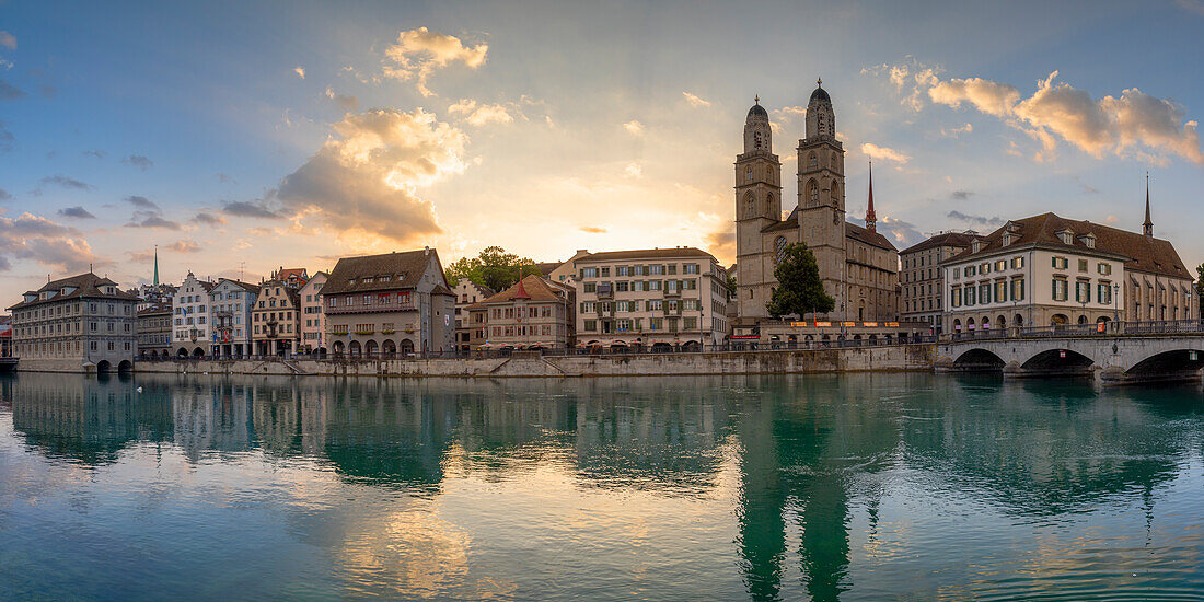 Grossmunster and Limmat River at sunrise, Zurich, Switzerland