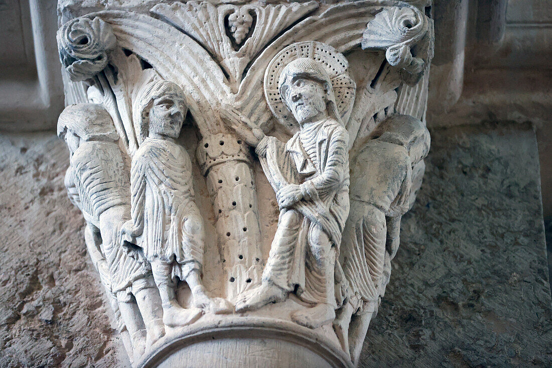 Decorated capitals, John the Baptist, 12th century Benedictine Abbey of St. Mary Magdalene, UNESCO, Vezelay, Yonne, Burgundy, France