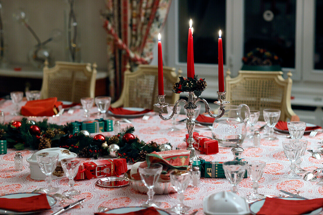 Table set for celebration Christmas dinner in living room, France