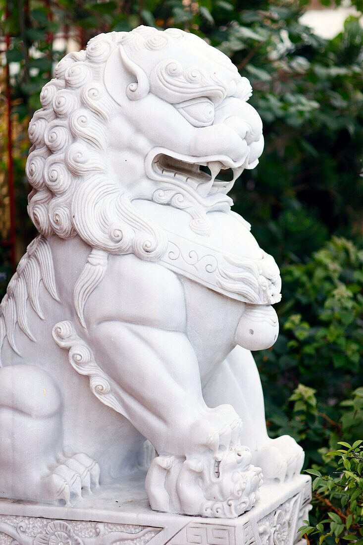 Tempelwächterstatue eines chinesischen Löwen, der die Yin-Kraft repräsentiert, weiblich, Provinz An Giang, Mekong-Delta, Vietnam