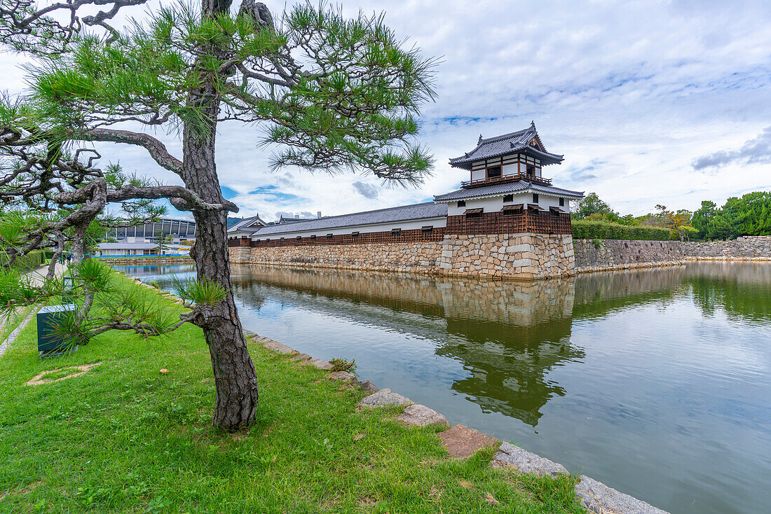 View of Omotegomon (Main Gate) and moat, entrance to Hiroshima Castle, Motomachi, Naka Ward, Hiroshima, Honshu, Japan