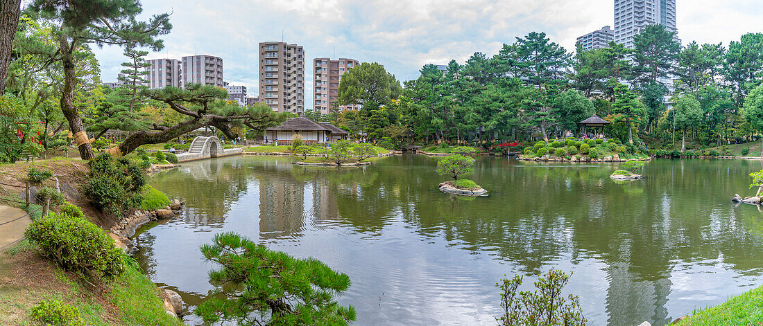 View of Takueichi Pond in Shukkeien Garden, Kaminoboricho, Naka Ward, Hiroshima, Honshu, Japan