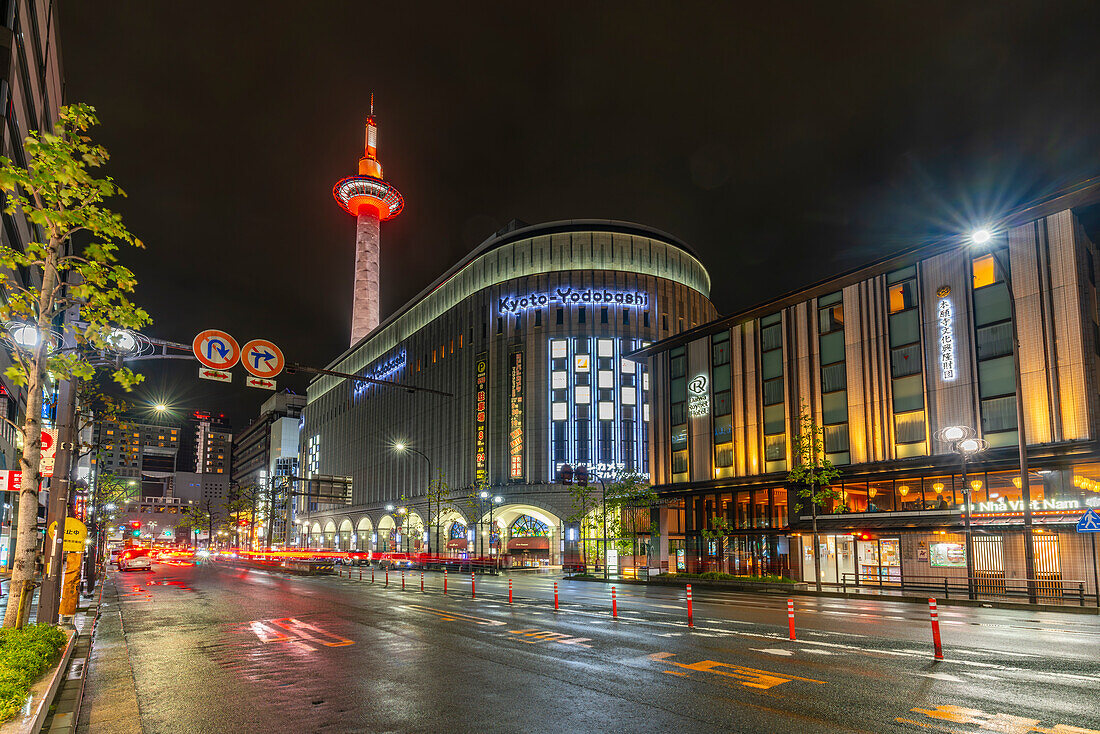 View of Nidec Kyoto Tower at night, Shimogyo Ward, Higashishiokojicho, Kyoto, Honshu, Japan