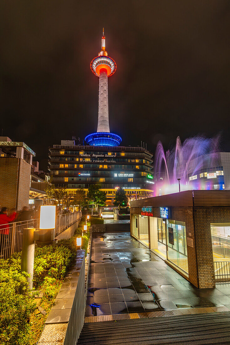 View of Nidec Kyoto Tower at night, Shimogyo Ward, Higashishiokojicho, Kyoto, Honshu, Japan