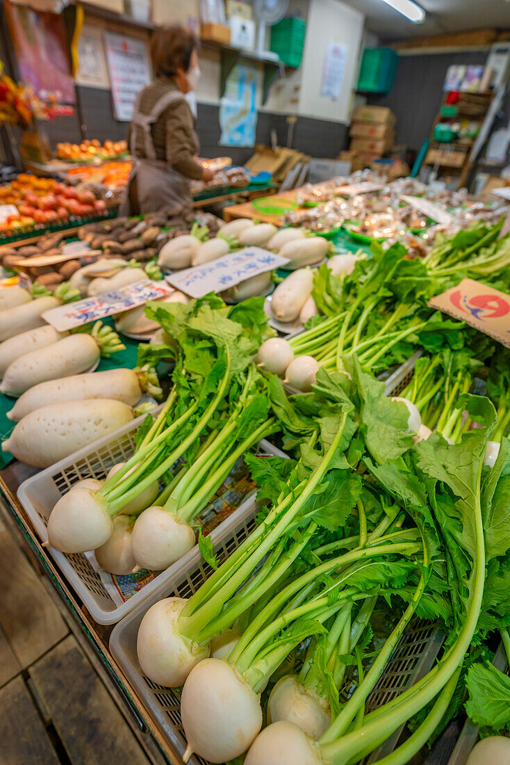 View of fresh vegetables on stall in Omicho Market, Kanazawa City, Ishikawa Prefecture, Honshu, Japan