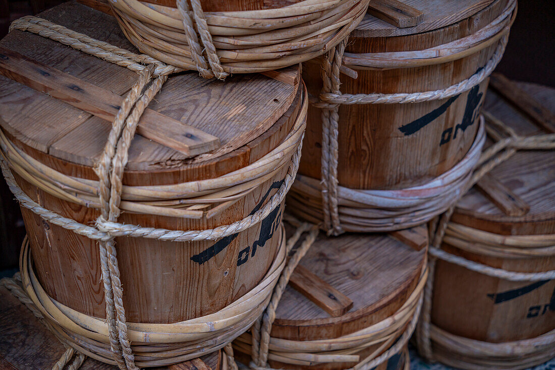 View of wooden rice buckets in the Higashi Chaya District, Kanazawa City, Ishikawa Prefecture, Honshu, Japan