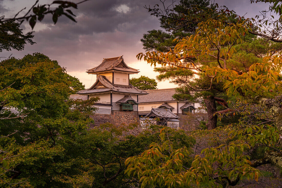 View of Nezumita-mon Gate, entrance to Kanazawa Castle and Park at sunset, Kanazawa City, Ishikawa Prefecture, Honshu, Japan