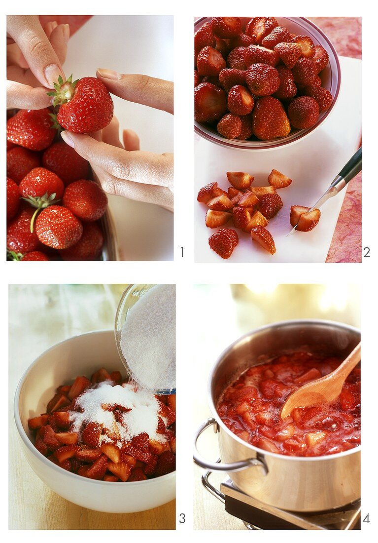 Making strawberry jam (hulling, slicing, adding sugar, boiling)